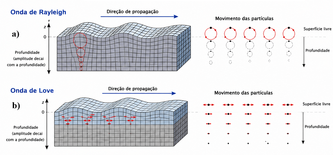 Comparação entre ondas superficiais de Rayleigh e ondas de Love
