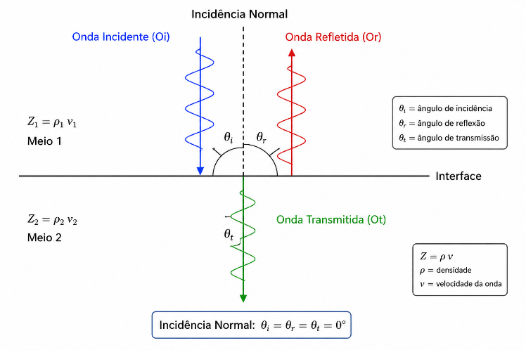 Onda ultrassônica incidindo normalmente em uma interface, com parcelas refletida e transmitida